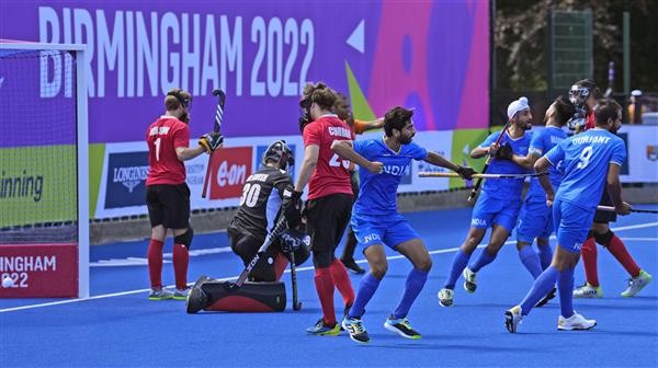 Indian players celebrate a goal against Canada during the Mens Pool B hockey match at the Commonwealth Games in Birmingham, England, on Wednesday. AP/PTI