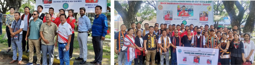 (Left) Nagaland Sepaktakraw Association and officials with the medal winners (right) Thuvopisumi representatives and otherws with the medal winners at the reception programme at Dimapur airport on August 3.