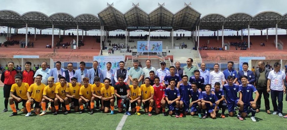 Er. Zale Neikha with others during kick off of football event  for 2nd Nagaland Olympic & Paralympics Games 2022 at Indira Gandhi Stadium, Kohima on August 17. (Morung Photo)