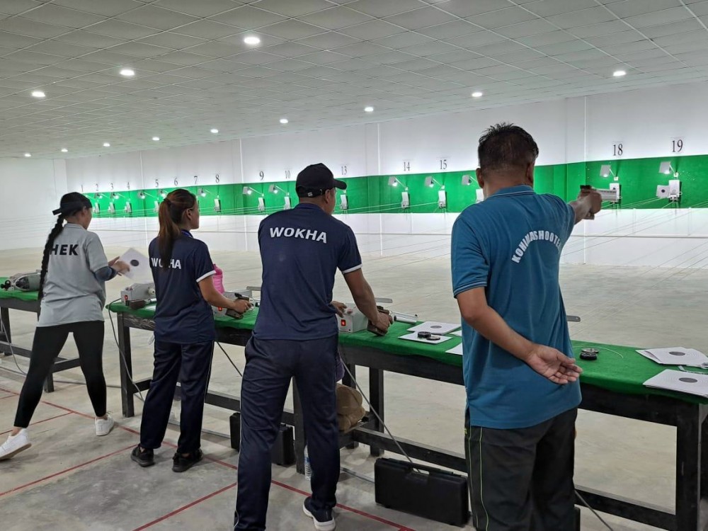 10 meter Air pistol event happening at the ongoing Nagaland Olympic & Paralympic games 2022, shooting competition being held in Dimapur at the Shooting Range, Multi Disciplinary sports complex on August 24. Around 55 participants from nine districts are participating in the event. (DIPR Photo)