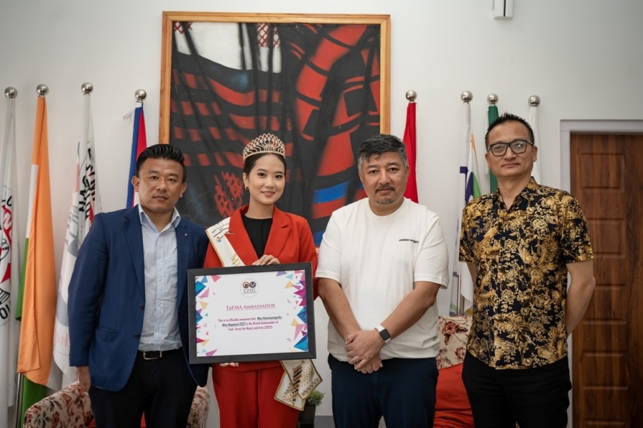 Abu Metha, Theja Meru and Mele Pucho with reigning Miss Nagaland Kawimaningsiliu on August 15 in Kohima.