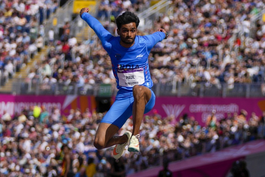 Eldhose Paul of India competes in the men's triple jump final during the athletics in the Alexander Stadium at the Commonwealth Games in Birmingham, England August 7. (AP/PTI Photo)