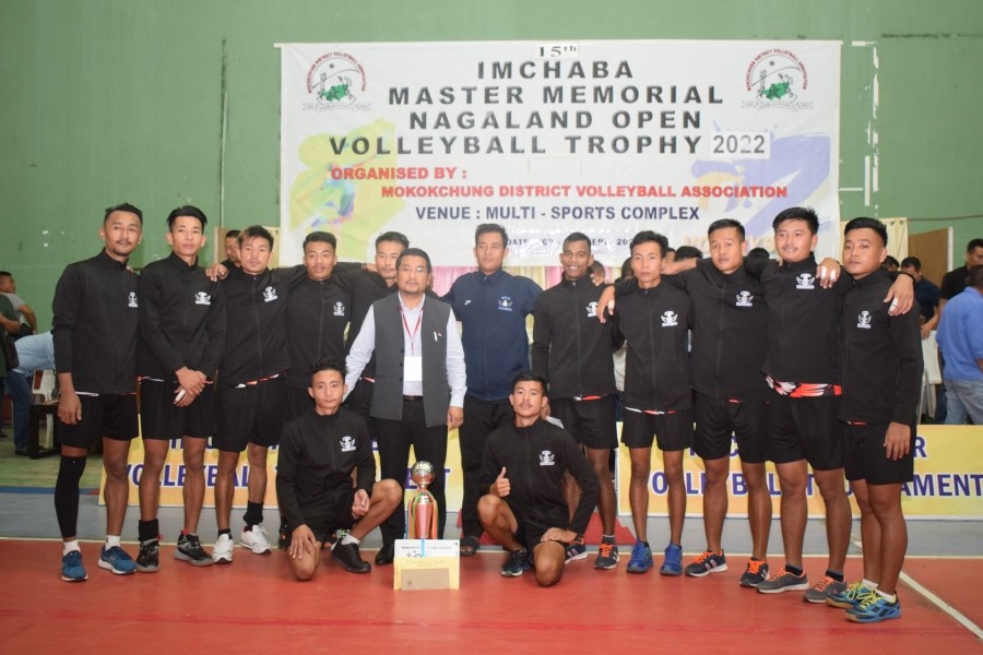 MH-10, the champions of 15th Imchaba Master Memorial Nagaland Open Volleyball Trophy 2022, Kohima with Minister Tongpang Ozukum at Multi-Purpose sports complex, Mokokchung. (Morung Photo)