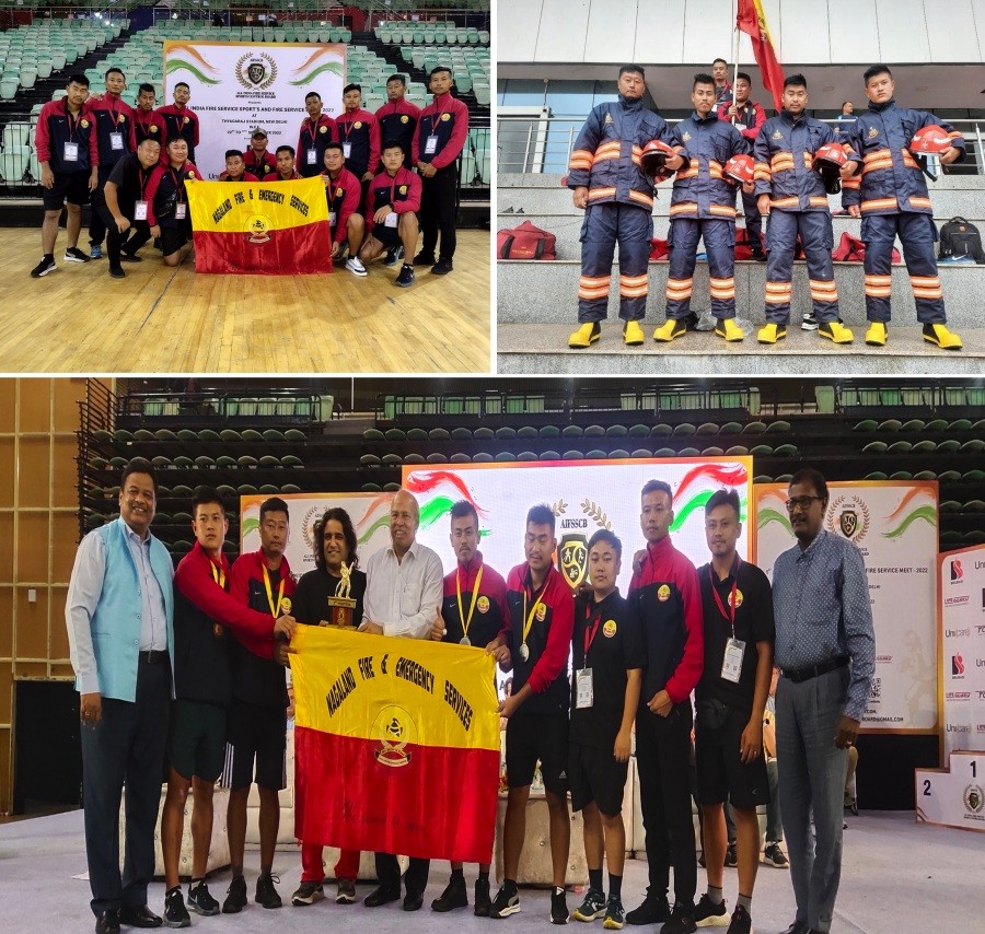 Nagaland Fire & Emergency Services team (top left), drill squad in combat suit (top right) and drill squad along with AIFSSCB officials (below)