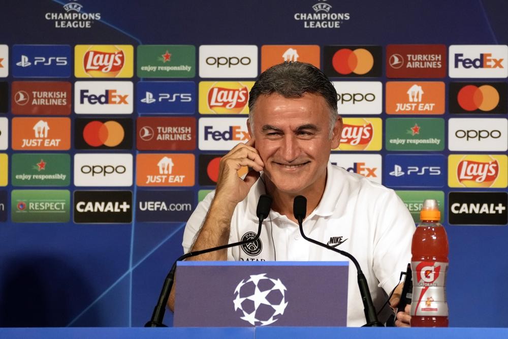 PSG's head coach Christophe Galtier gives a press conference at the Parc des Princes stadium, in Paris, Monday, Sept. 5, 2022. Paris Saint Germain will play against the Juventus in a Champions League soccer match Group H on Tuesday. (AP Photo/Thibault Camus)