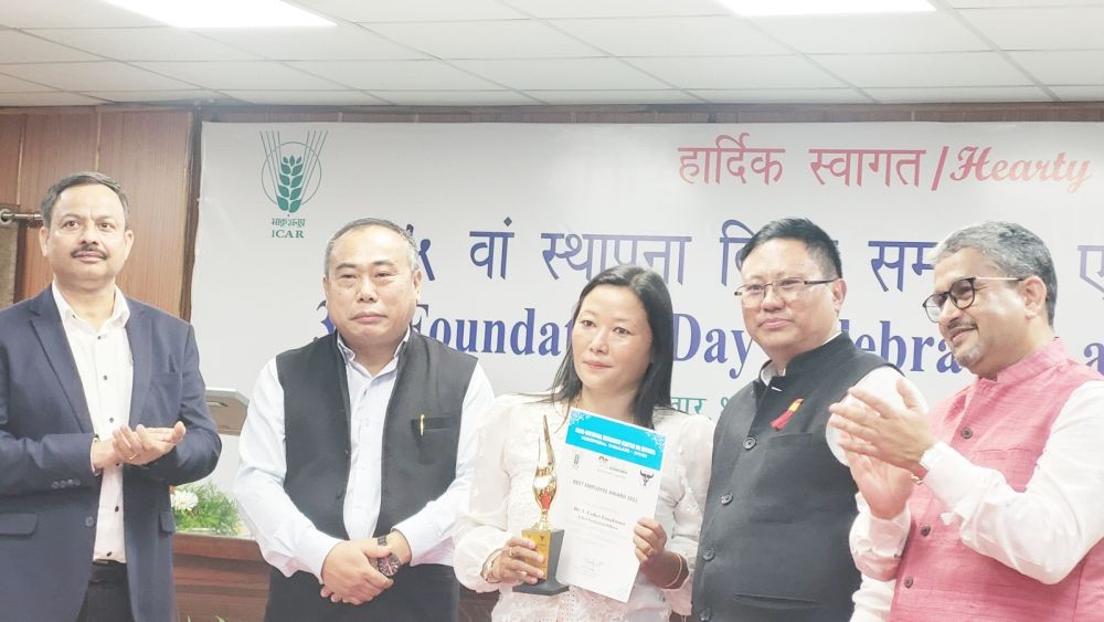 Dr T Esther Longkumer receives award during 35th foundation day of ICAR-National Research Centre on Mithun, Medziphema on October 15.