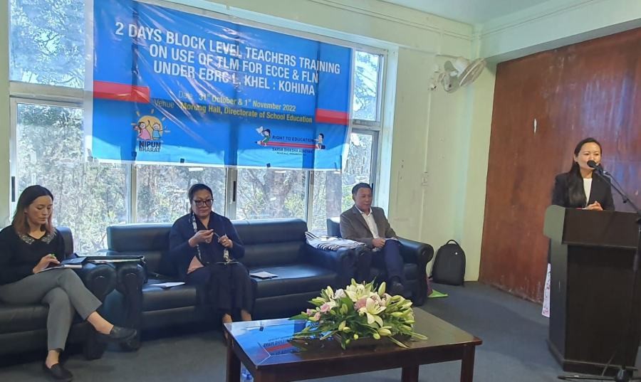 Avelu Ruho speaking at the block level teachers training on use of TLM for ECCE in Kohima on October 31. (Morung Photo)