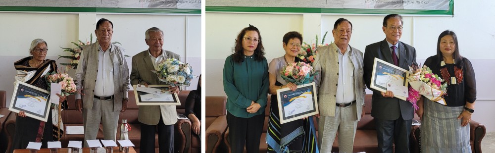 (Left) Recipients of district level (Kohima) awardees with Noke Wangnao and others. (Right) Recipients of state level awardees with Noke Wangnao and others. (Morung Photo)