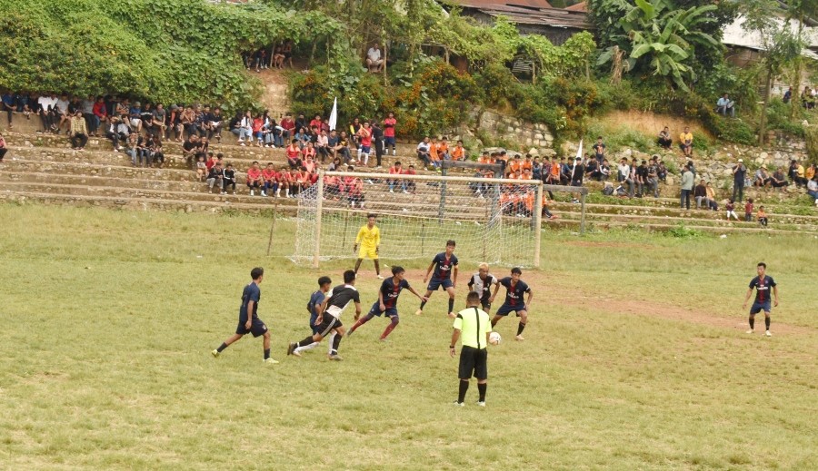 Players vie for ball during a quarter-final match of the ongoing 9th Edition of Pochury Black Day Memorial Cup 2022 on October 11 at Meluri local ground.
