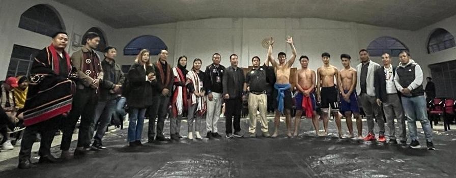 Participants and officials during the first Naga Wrestling Championship in Shillong held at the Naga Community Hall, Nongrim Hills on October 24.