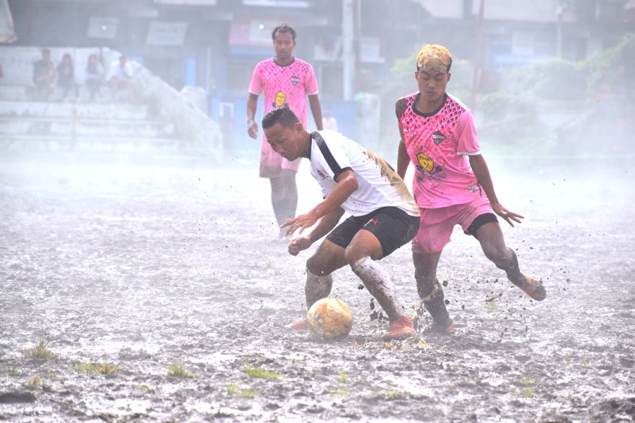 Players of Mongsenbai FC and Telongjem FC during the second semi-final match between Telongjem FC and Mongsenbai FC during the MDFA Trophy 2022 at Imkongmeren Sports Complex on October 25.