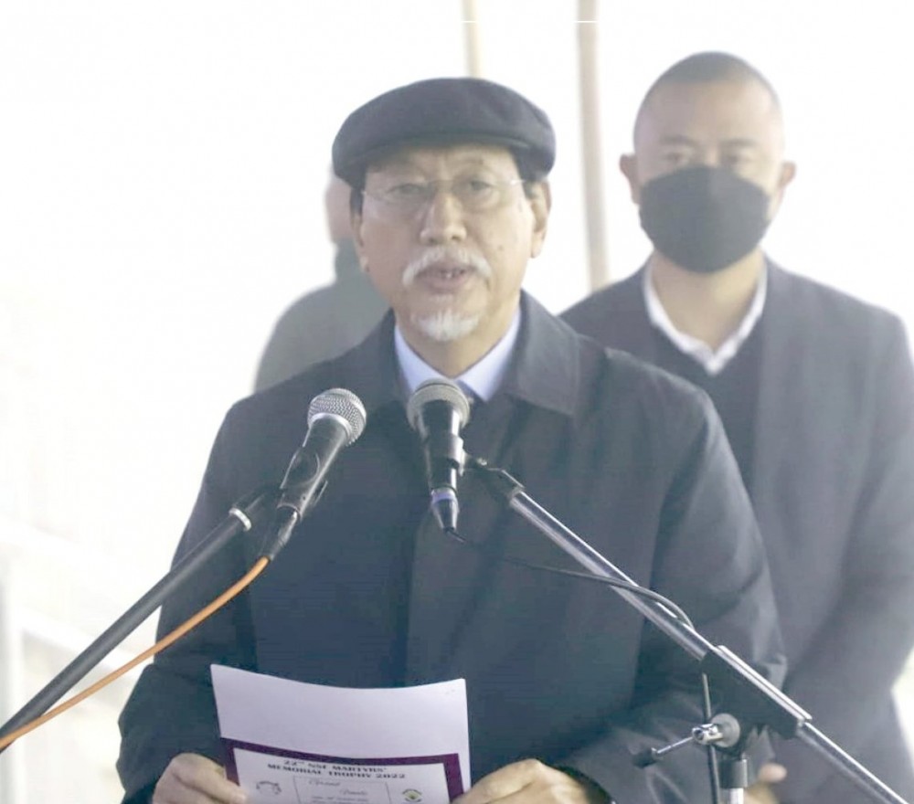 Nagaland Chief Minister Neiphiu Rio addresses the closing ceremony of the 22nd NSF Martyrs’ Memorial Trophy 2022 at the Indira Gandhi Stadium, Kohima on October 24.