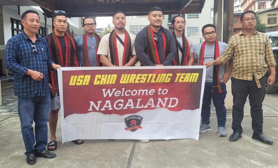 Wrestlers from USA with 3E Nagaland officials on their arrival in Kohima on October 17. (Morung Photo)