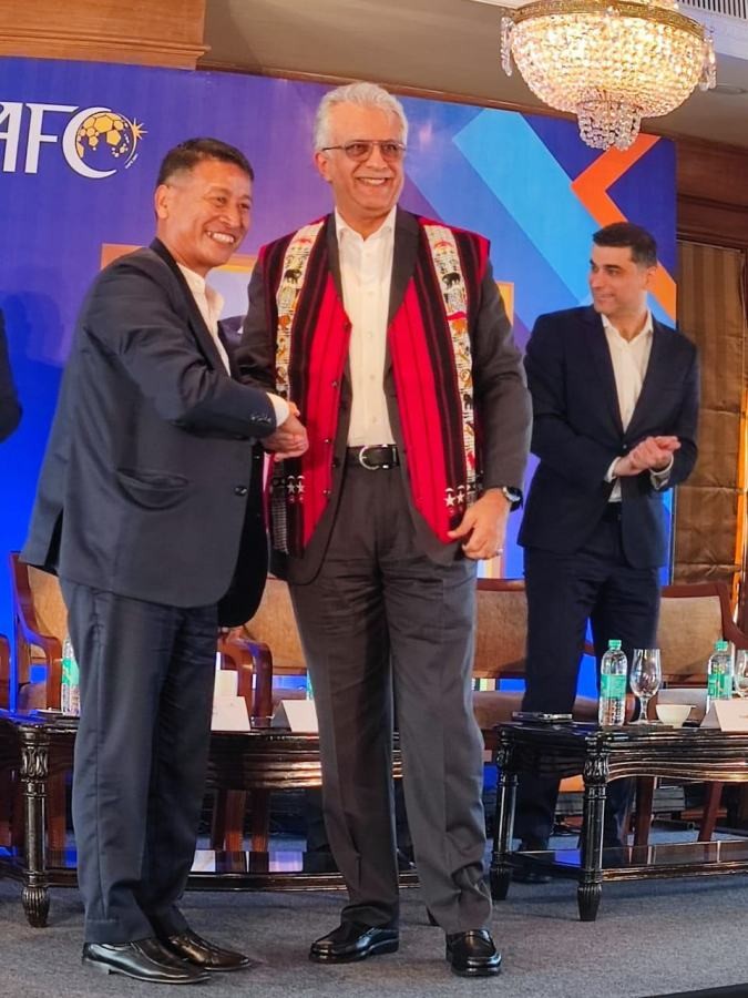 K Neibou Sekhose, President, Nagaland Football Association (NFA) and Executive Member, All India Football Federation (AIFF) with Shaikh Salman bin Ebrahim Al Khalifa, president Asian Football Confederation (AFC) in Mumbai on October 29.