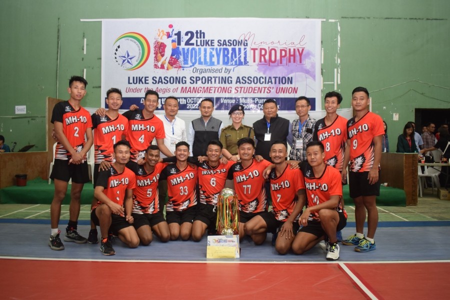 MH-10 Kohima, Champions of the Luke Sasong Memorial Volleyball Trophy 2022 pose for lens after lifting the trophy at Multi-[purpose sports complex, Mokokchung on October 7. (Morung Photo)