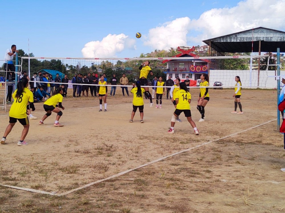 Players in action on third day of 9th Kohima Open Volleyball Tournament 2022 on November 11 at Indira Gandhi Stadium, Kohima.