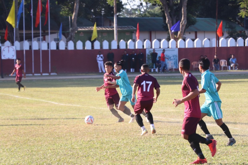 A match in progress on the inaugural day of Assam Rifles Sentinel’s of the North East Football Tournament in Dimapur on November 30. (Photo Courtesy: PRO Defence Kohima)