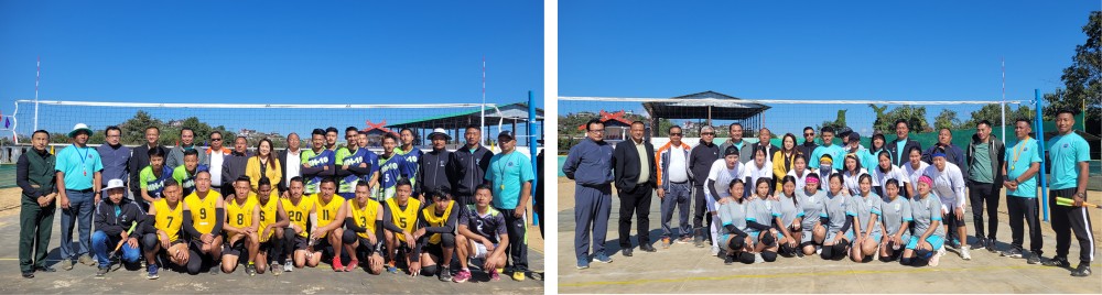 (Left) Akumla Chuba and others with the players of the first match (Men) between Kohima DVA and MH10 Kohima (Junior) on November 16. (Right) Akumla Chuba and others with the players of the first match (Women) between Volleyball Lovers and Peren DVA on November 16. (Morung Photo)