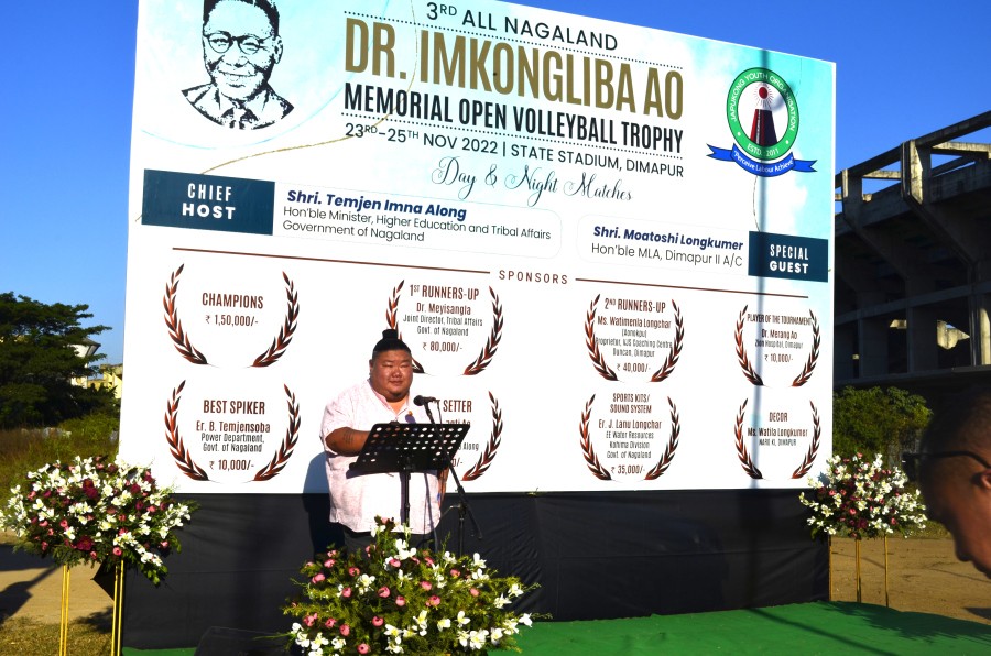 Temjen Imna Along, Minister, Higher Education and Tribal Affairs speaking during the inaugural day of the 3rd All Nagaland Dr Imkongliba Ao Memorial Open Volleyball Trophy at State Stadium, Lotha Colony, Dimapur on November 23. (Morung Photo)