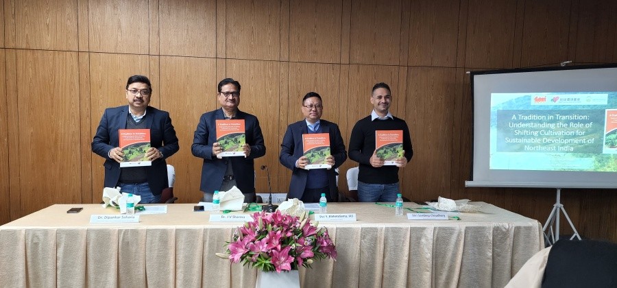 APC Nagaland Y Kikheto Sema and others during the launch of the book titled “A tradition in transition: Understanding the role of Shifting Cultivation for sustainable development of Northeast India” on December 12.