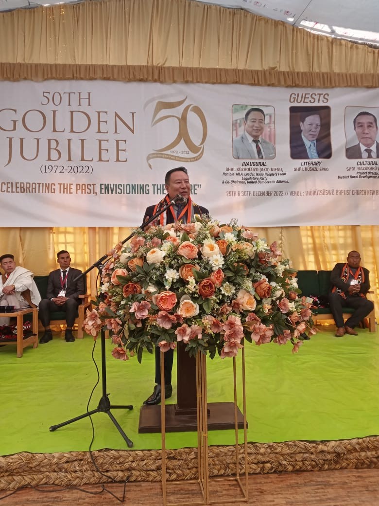 MLA & NPF Leader of the Legislature Party, Kuzholuzo (Azo) Nienu addresses the inaugural session of the golden jubilee celebration of Thürütsüswümi Students’ Union on December 29. (Photo Courtesy: NPF Press Bureau)