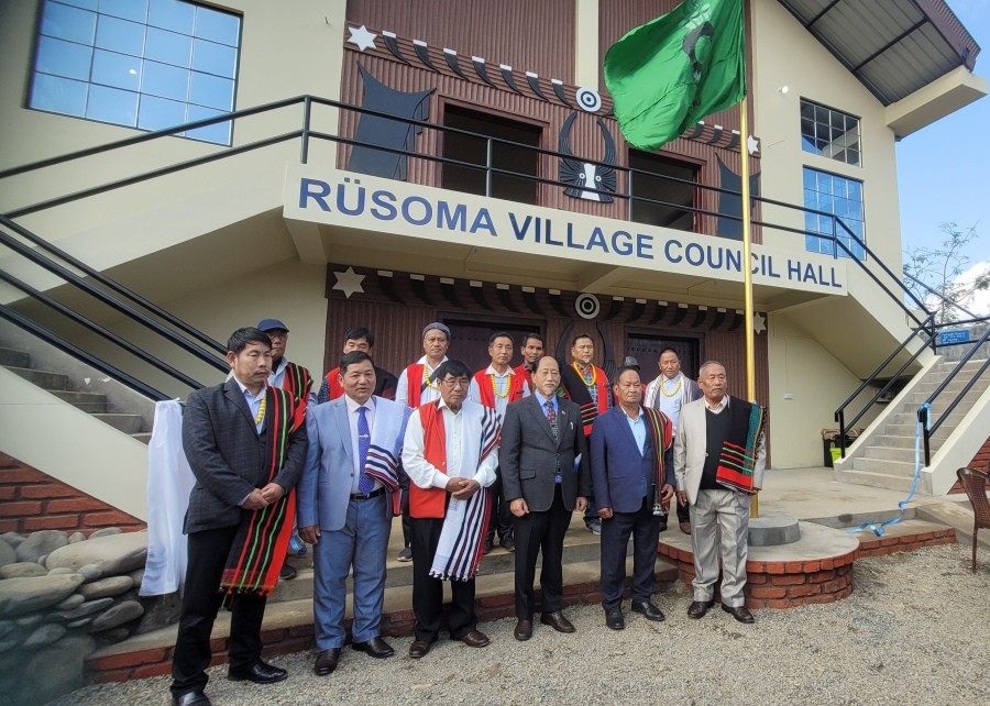Chief Minister Neiphiu Rio with village leaders during the inauguration of Rüsoma Village Council hall on December 28. (Morung Photo)