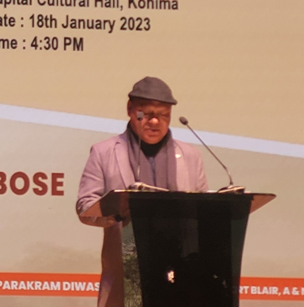 Minister Kashiho speaking at the cultural event in tribute to Netaji Subhas Chandra Bose in Kohima on January 18. (Morung Photo)