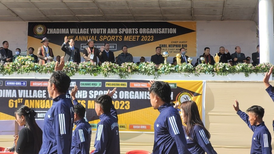 Neiphiu Rio waves hand at March pass contingents during 61st annual sports meet 2023 of Zhadima Village Youth and Sports Organization on January 3 at Zhadima village. (Morung Photo)