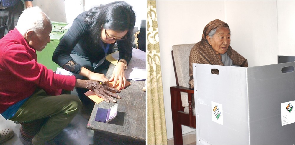 (Left) A senior citizen being assisted by the polling officer to cast his vote at his resident under 50 AC Longleng. (Right) An elderly woman casting her vote during house to house Postal Ballot facility for AVSC & AVPD at L Khel Kohima Village under 10-Northern Angami-I AC on February 18. (DIPR Photo)