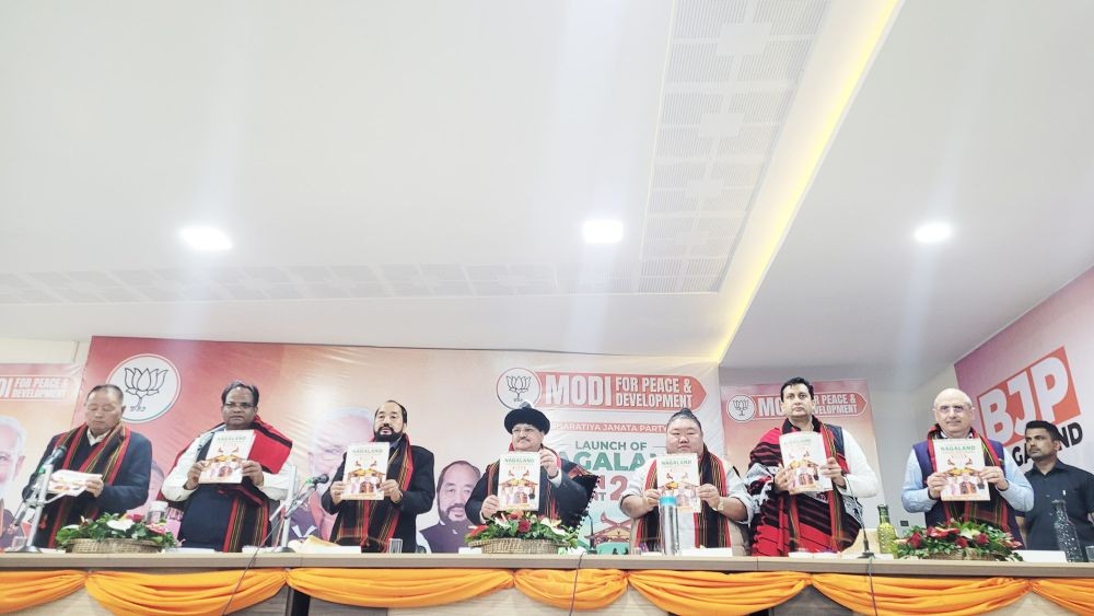 BJP national president JP Nadda and others during the release of BJP manifesto for Nagaland polls in Kohima on February 14. (Morung Photo)