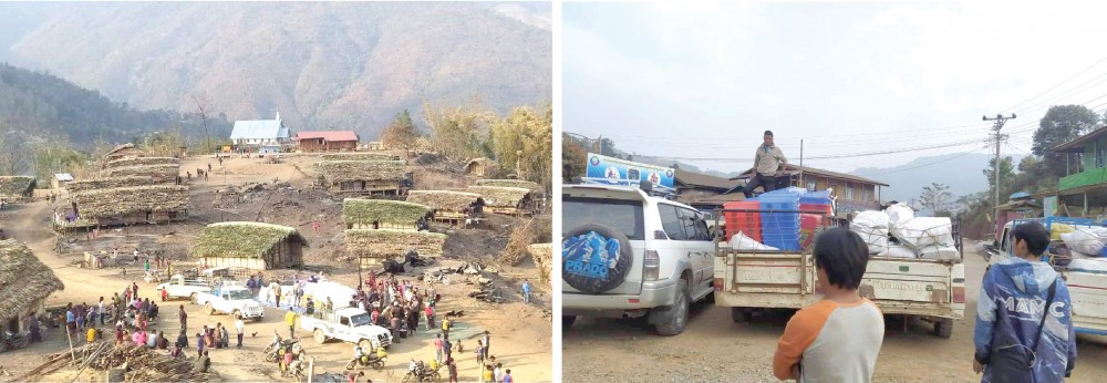 (Left) The temporary thatch houses have been completed in Solo/Chiu village under Lahe Township in Naga Self Administered Zone (NSAZ) Myanmar, which was razed down by a fire on February 2. “The unity and humanity among the communities is apparent during such times as this,” an update received here stated. It was earlier reported that 60 houses and a Morung were razed down by the fire, where 73 families including men, women and children were rendered homeless and vulnerable. (Right) Relief from Lahe Administration were taken to Solo/Chiu village on February 12. The relief materials containing 72 bags of rice, oil, noodles, salt, buckets etc were transported in four pickups. 