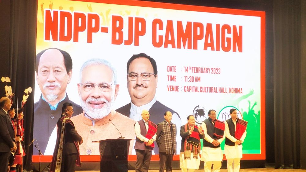 Nadda, Rio and others at the joint campaign launching programme of NDPP- BJP in Kohima on February 14. (Morung Photo)