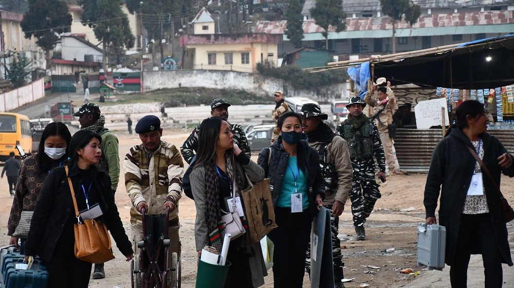 Polling Personnel returning from their respective polling stations after finishing their day long election duty in Wokha District on February 27. (Photo Courtesy: Twitter/@ceonagaland)