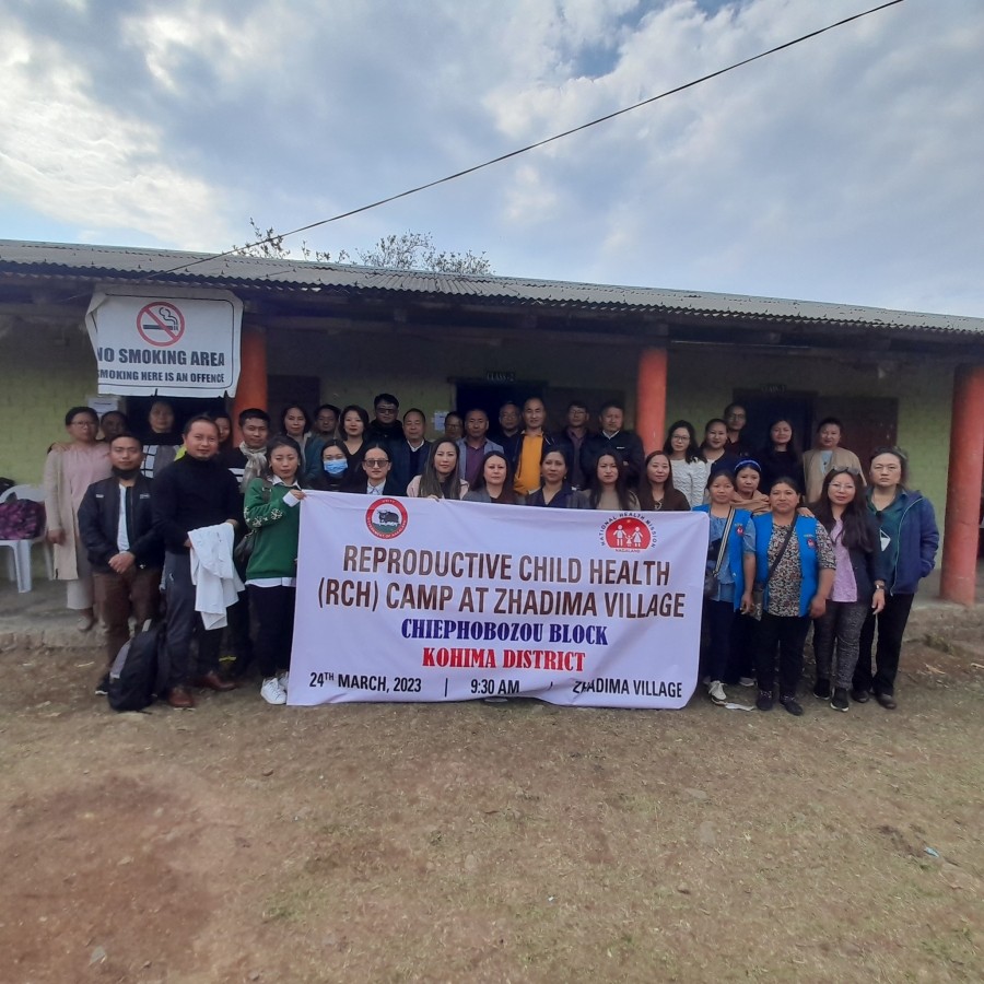 Officials and others during the Reproductive Child Health camp at Zhadima village on March 24.