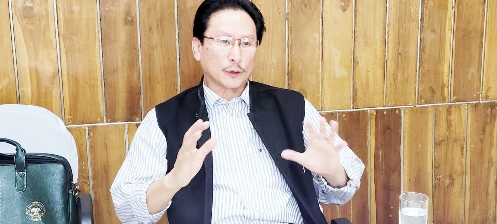 Minister for Parliamentary Affairs and Power, KG Kenye addresses a press conference at Hotel Japfü, Kohima on April 27. (Morung Photo)