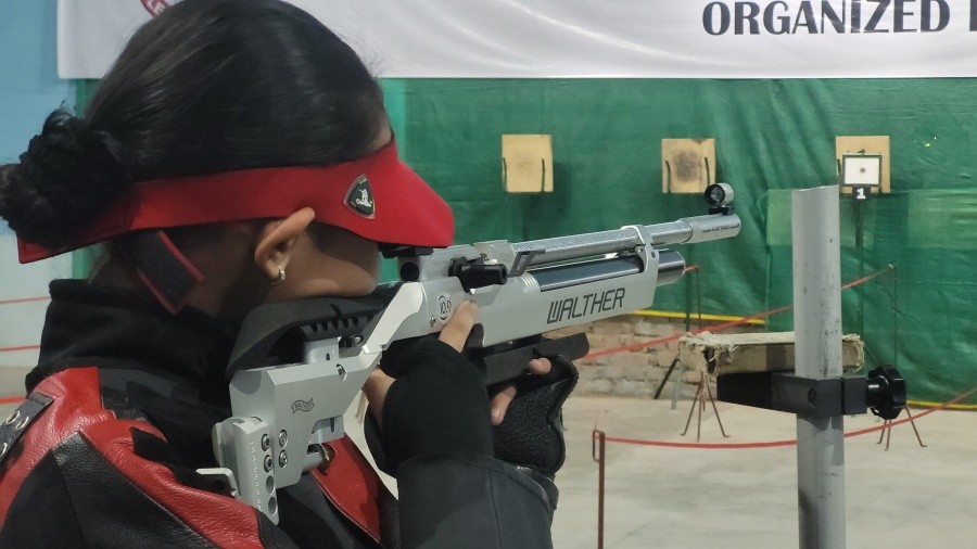 One of the participants of 6th Open Air Rifle Shooting Tournament 2023 organized by Kohima District Rifle Association (KDRA) at Pele Khezhie’s Indoor Stadium, D.Khel Kohima village on April 16. (Morung Photo)