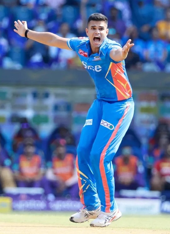 Mumbai Indians' Arjun Tendulkar appeals for a wicket during the IPL 2023 match between Mumbai Indians and Kolkata Knight Riders at Wankhede Stadium in Mumbai on Sunday, April 16, 2023. (Photo:IANS/IPL)