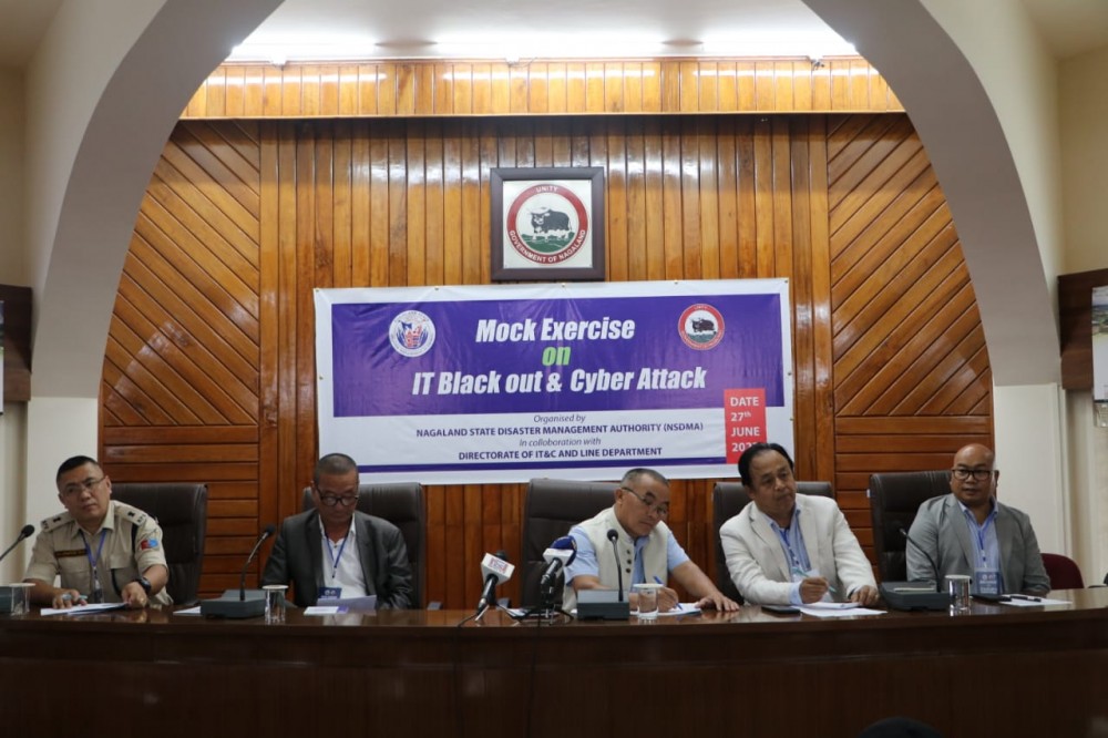 Advisor Z Nyusietho Nyuthe addressing the debriefing meeting after the mock drill on IT black out and cyber-attack in Kohima on June 27.