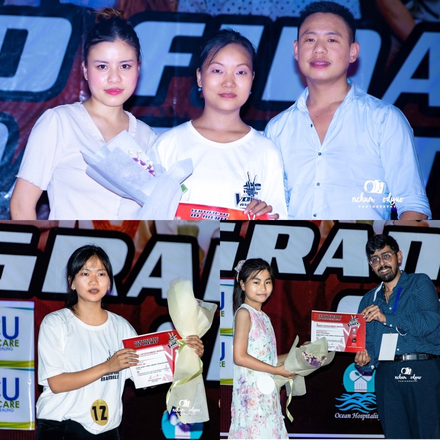 (Top) Kinokali Ayemi winner of ‘You Got the Voice Nagaland’ singing competition with the judges. (Bottom) the other title winners.