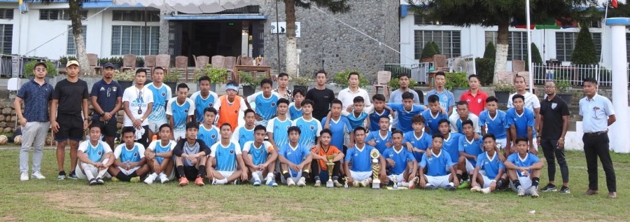 Players and officials of Greenwood School KIC after emerging as champions of the Pre Subroto U-17 Trophy 2023 held from June 19-24.