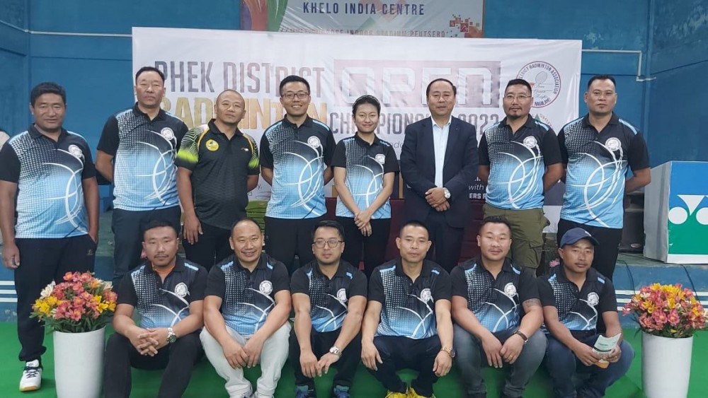 Dr Neisatuo Mero with others during Phek District Veteran Badminton Championship held at Pfutsero on June 10.