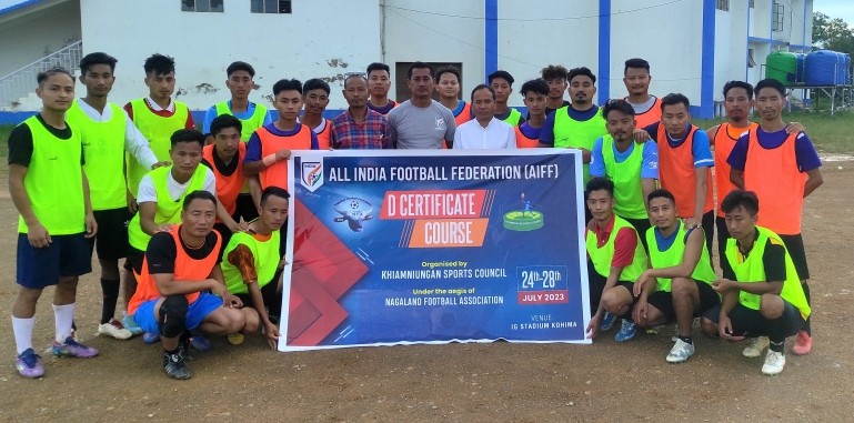 KSC president Musho Lam along with instructor William Koso along with the coaches at IG Stadium Kohima on Monday.