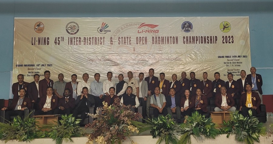 Sharingain Longkumer and others with NBA officials during the inaugural ceremony of Li-Ning 45th Inter District & State Open Badminton Championship 2023 in Kohima on July 10. (Morung Photo)