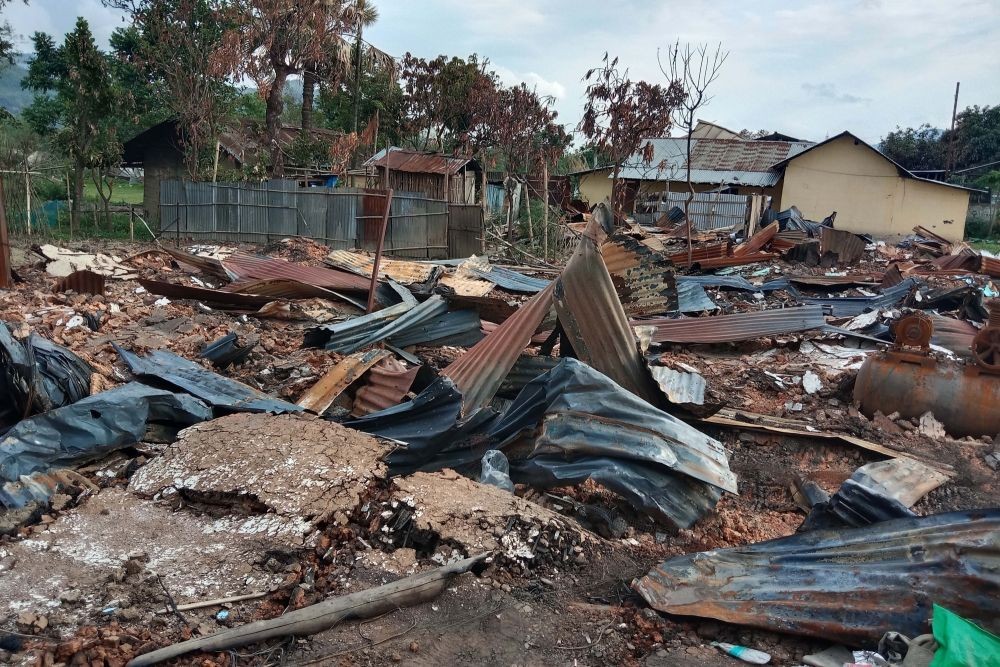 Damaged house in a violence-hit area of Manipur, on May 27, 2023. (Photo: IANS)