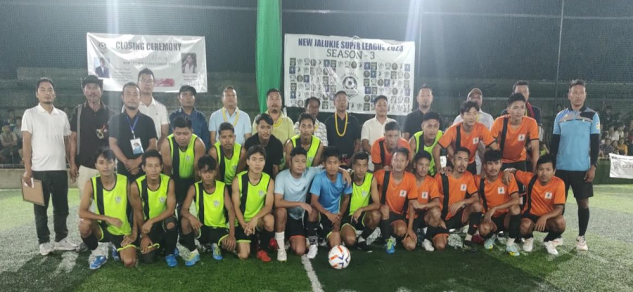 Special Guest Viphrulie Krose and dignitaries pose for lens with players before with final match New Jalukie Super League 2023 between Griffin FC and Bridge Colony FC on August 12.