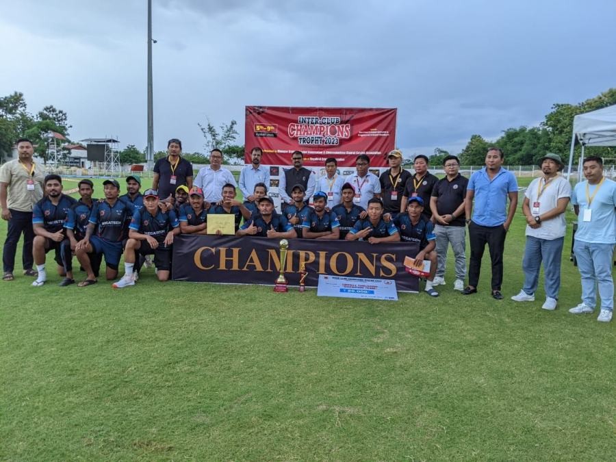 Veritas Sports team, winner of Inter-Club Champions Trophy 2023 along with Deputy Commissioner, Chümoukedima, Abhinav Shivam and members of the Chümoukedima & Dimapur Cricket Associations on August 9.