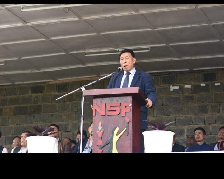 Timikha Koza addressing the 77th Naga Independence Day organized by NSF at Naga Solidarity Park on August 14. (Photo Courtesy: NSF)