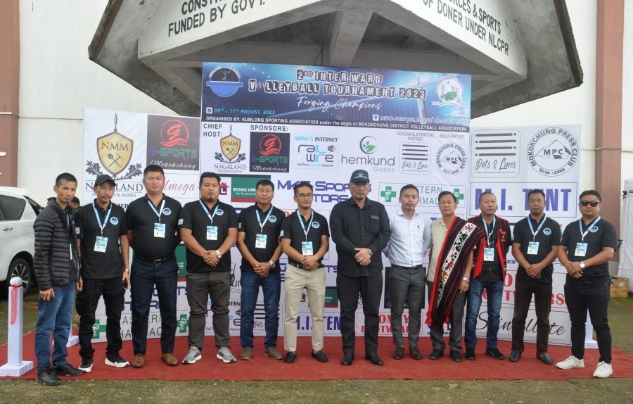 Advisor Temjenmenba along with Vitolu EAC (JUD) Mokokchung, Kumlong Ward Council members and Organizing Committee members during the inaugural programme of 2nd Inter-Ward Volleyball Tournament at Multi-Sport Complex, Mokokchung on August 9. (Photo Courtesy: DPRO Mokokchung)