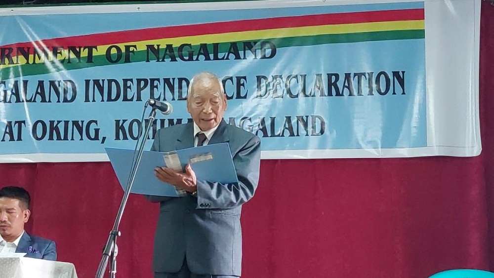 FGN Kedahge Gen (Retd) Viyalie Metha deliver message during 76th anniversary of Nagaland Independence Day declaration in Kohima on August 14. (Morung Photo)