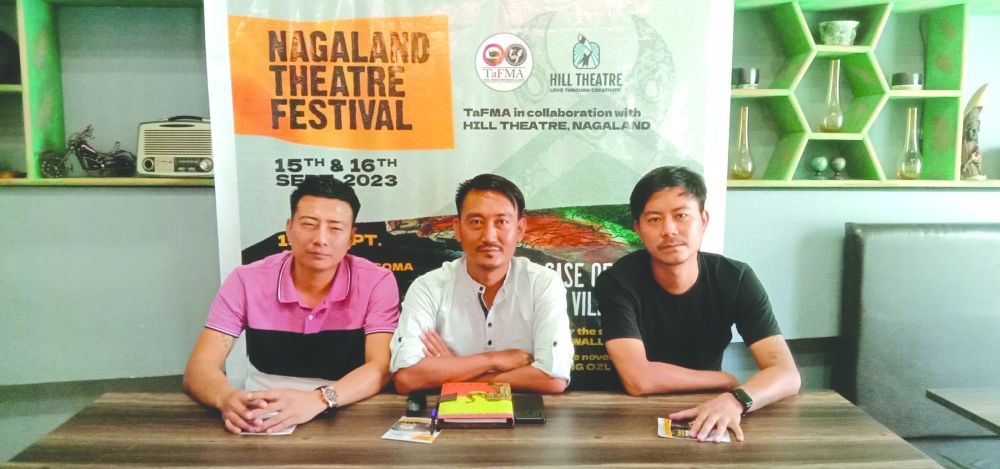 Artistic Director of Hill Theatre, Bendang Walling with co-founders Kilangtemsu Walling (right) and Limanungdang (left) at the press conference in Café Leon, Dimapur on August 29. (Morung Photo)